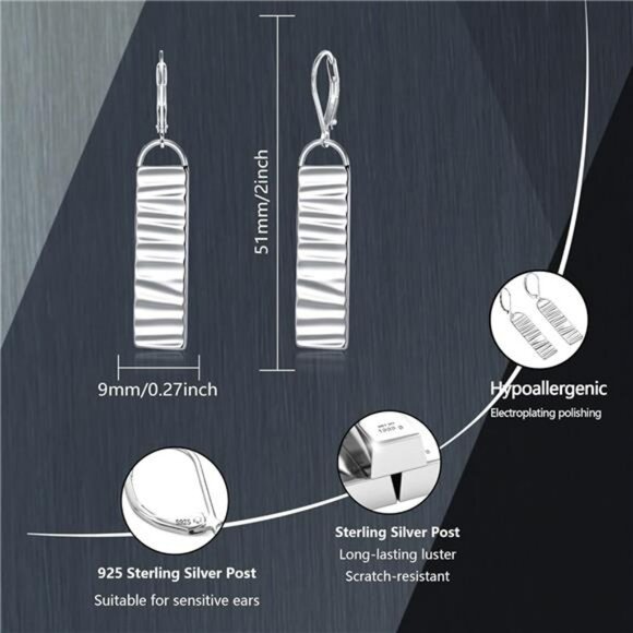 Sterling silver long bar dangle earrings for women lightweight hammered drop - Picture 5 of 7